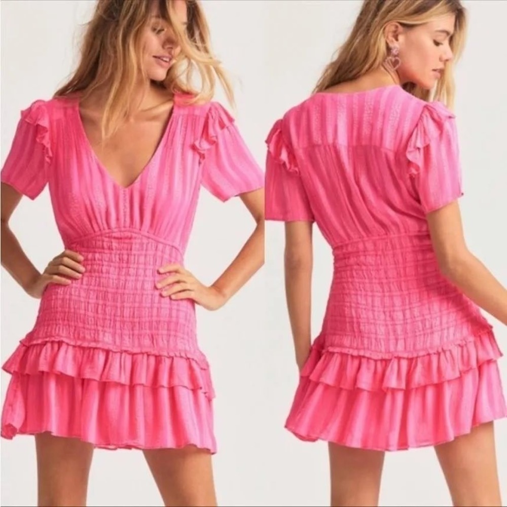 LoveShackFancy‎ Rena Dress Medium Watermelon Ice Pink Ruffle Smocked Mini Party